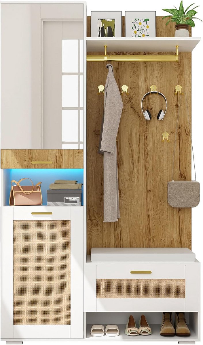 Garderobeset met schoenenvak, zitbank, spiegel en LED-verlichting - 110x38x190 cm (9101071612329)