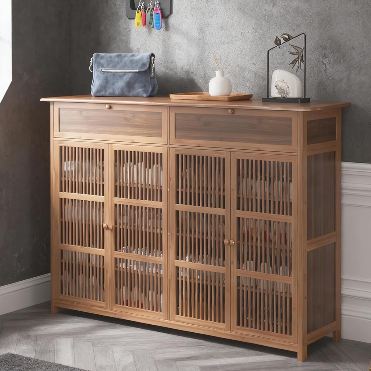 Grote Bamboe Schoenenkast met Lade - Vrijstaand Schoenenrek voor Hal, Gang en Woonkamer (130x35x99 cm) (9101059454934)