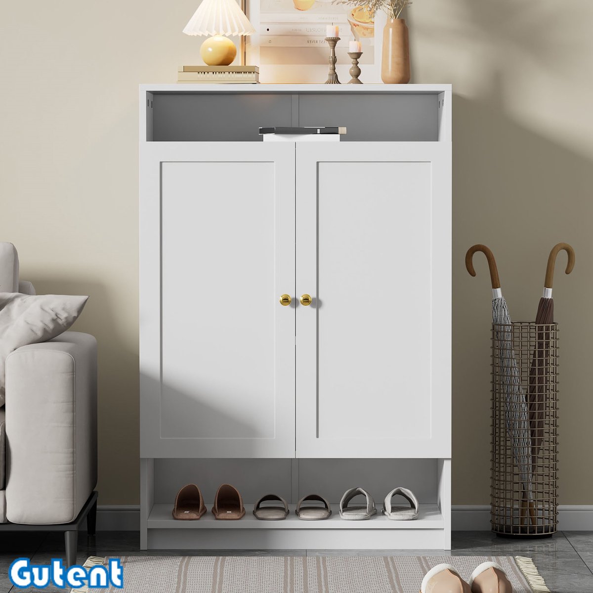 Gutent Schoenenkast-Met Verstelbare Planken-Gouden Handgreep-Dubbel Deur Lade-Wit-W73/D34/H109 (5286974588392)