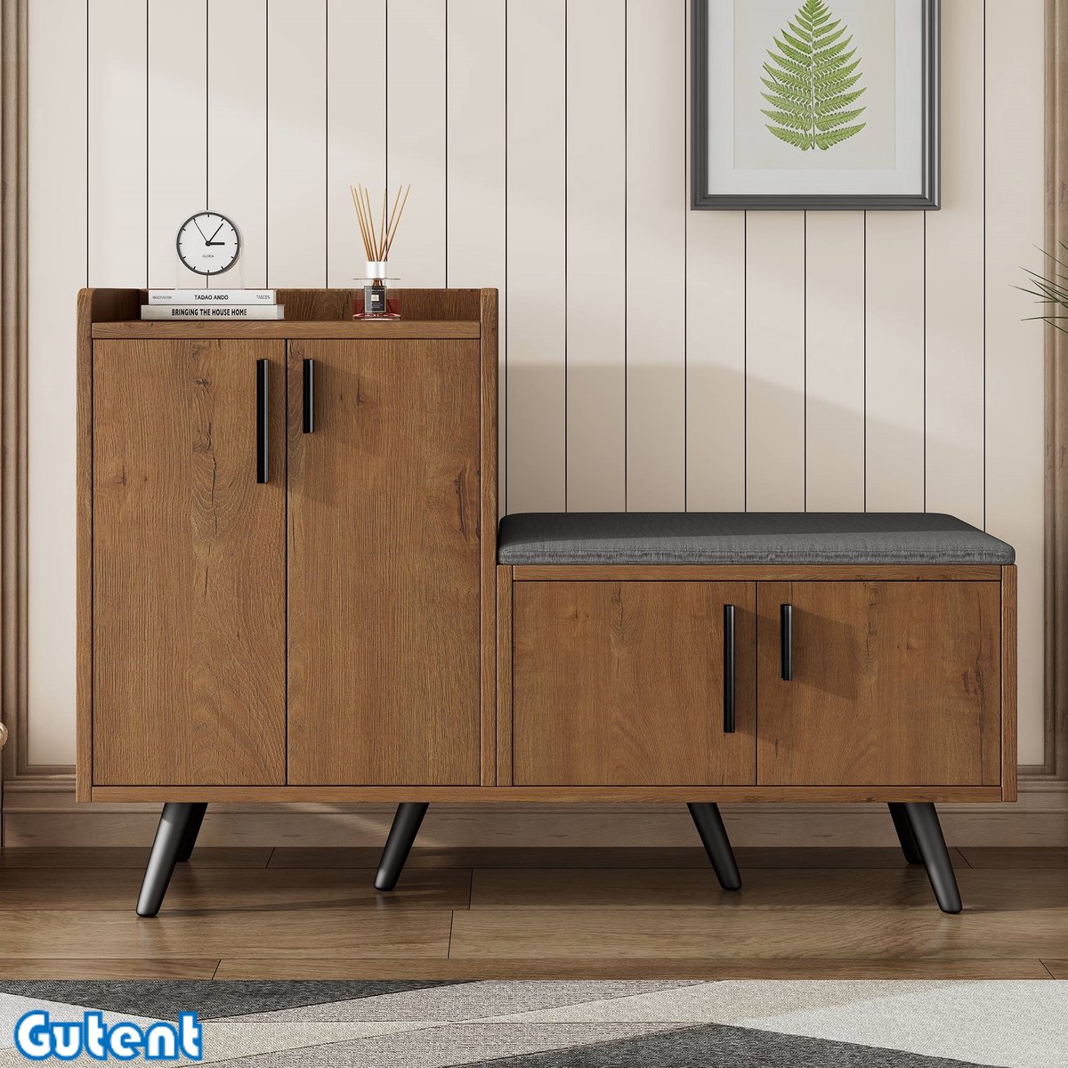 Gutent Woodgrain Modern Schoenenkast-Vierdeurs Opbergkast-Asymmetrische Metalen Handgreep-B120/D34/H82-Bruin (7846351315683)