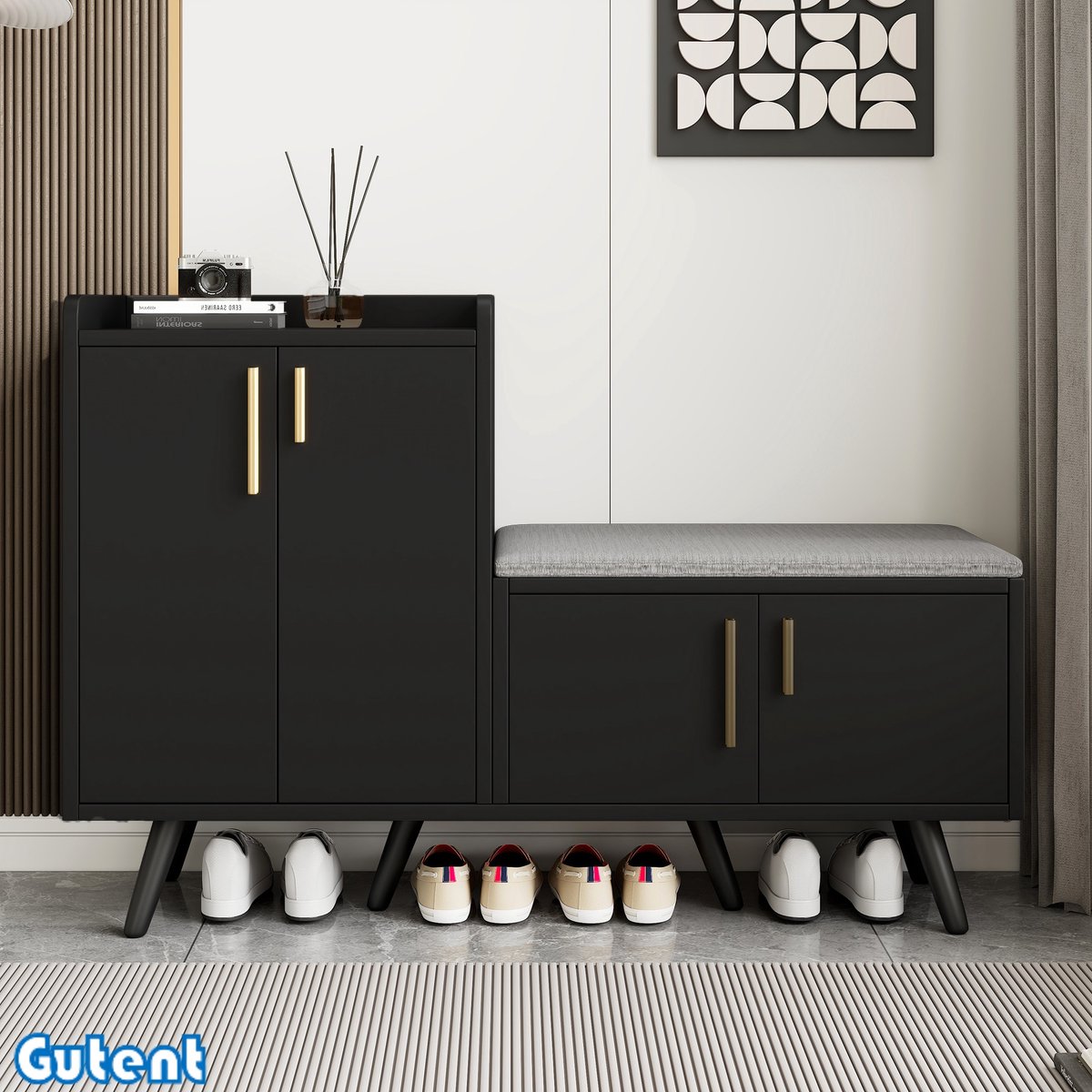 Gutent Woodgrain Modern Schoenenkast-Vierdeurs Opbergkast-Asymmetrische Metalen Handgreep-B120/D34/H82-Zwart (7846351315690)