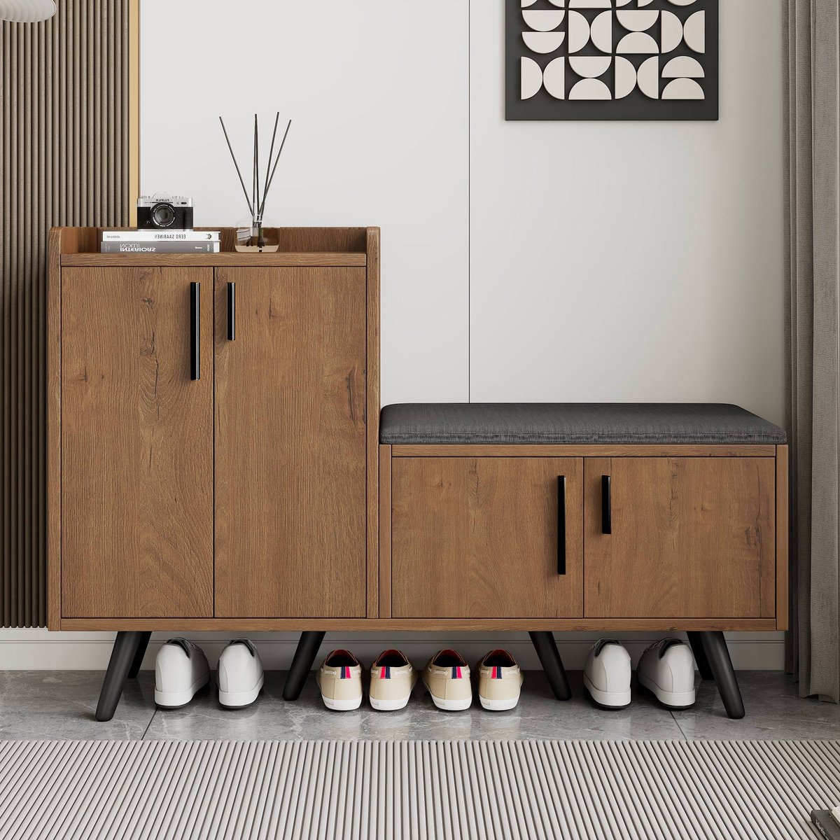 HAUSS SPOLE Schoenenkast - Schoenenopberger Kast - 4 Opbergruimturen Met Asymmetrische Metalen Grepen - 120x34x82.8 cm - Spaanplaat - Naturel (9331813060129)