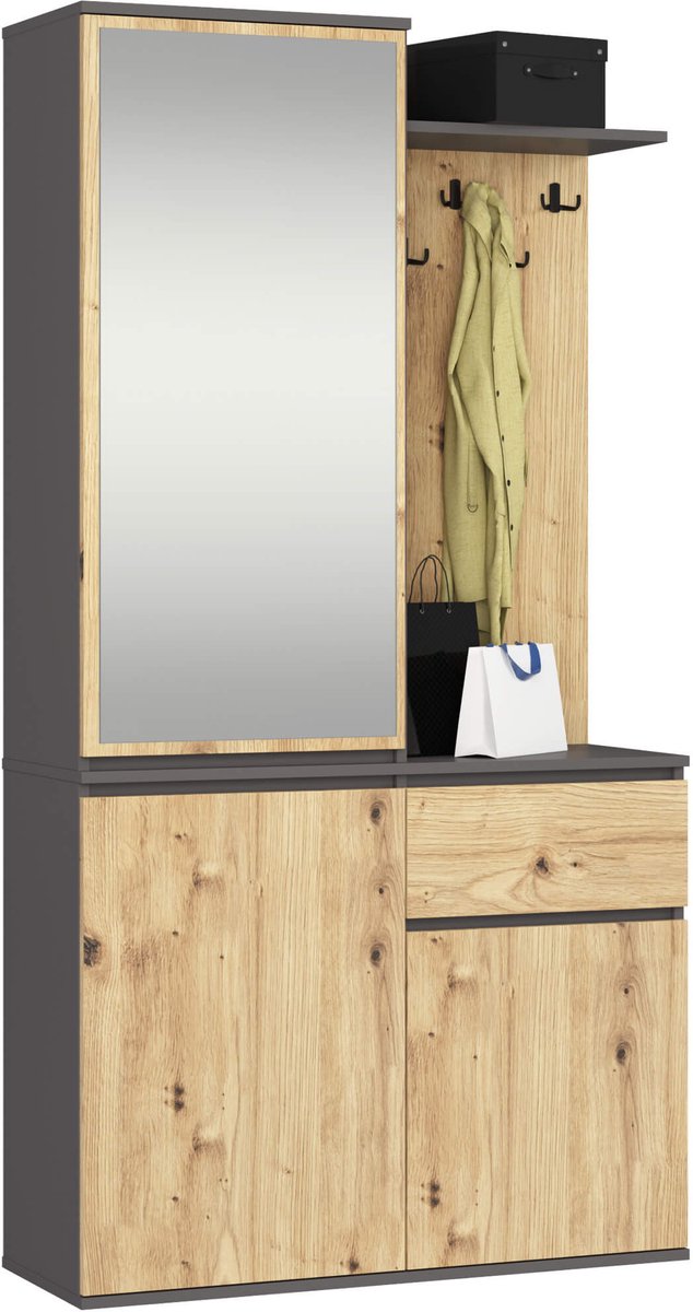 Hal set met spiegel ENTRO / Halmeubel met 3 Deuren en 1 Lade / Hal Kast / Kapstok en Schoenenkast / Grafietgrijs - Artisan Eik / 95 x 183 x 35 cm (5901738162532)
