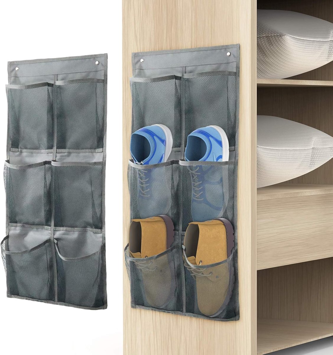Hangende Schoenen Opberger - Deur Organizer - Set van 2 - Met 6 Grote Vakken - Opbergsysteem Zonder Boren - Grijs (0673658597071)