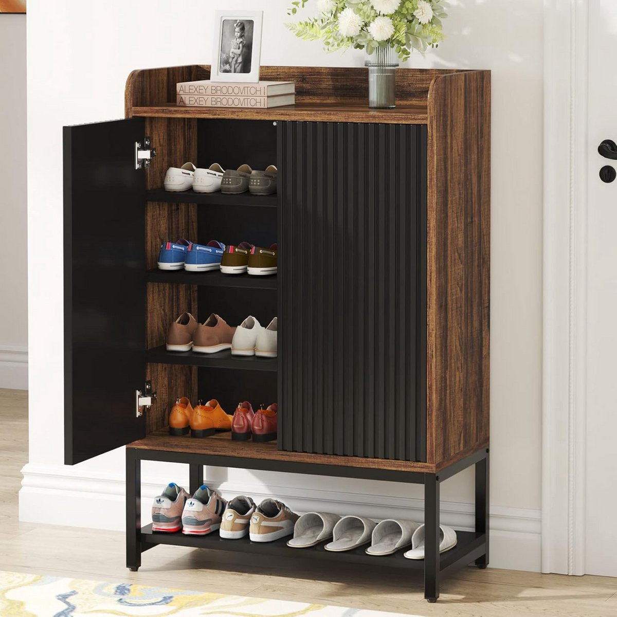 Hoge Houten Schoenenkast met Klapdeuren voor 15-20 Paren (9101074285001)