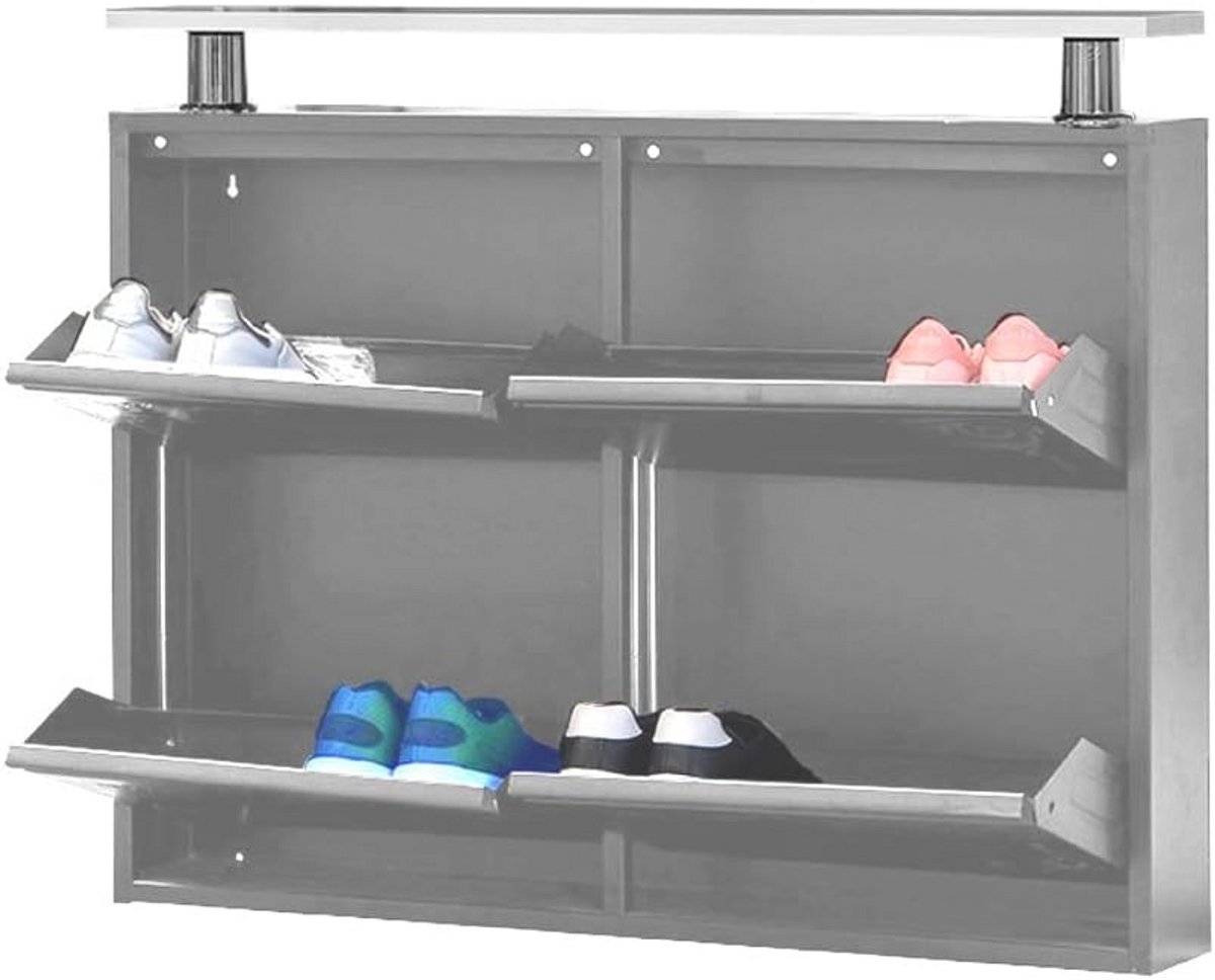 Horizontale schoenenkast met 4 deuren - grijs, voor 8-12 paar schoenen, met legplank - duurzame metalen constructie (9101039831533)