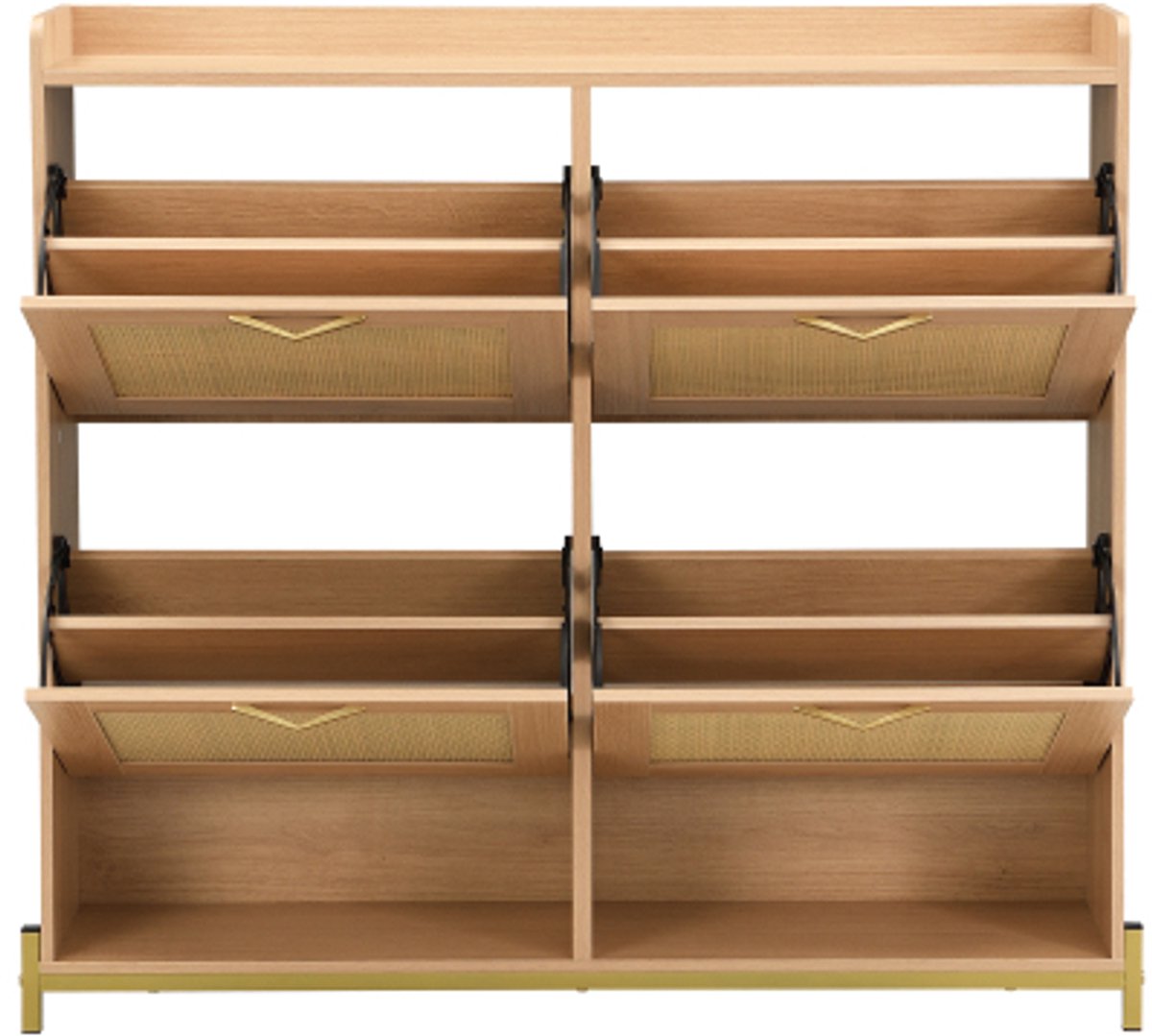 Houten Schoenenkast 108,5x24x100 cm Kast Licht Eikenhout MDF Met Rattan Deuren Vier Deuren Met Metaal Frame Bovenste Plank Voor Hal Woonkamer (4255890960095)