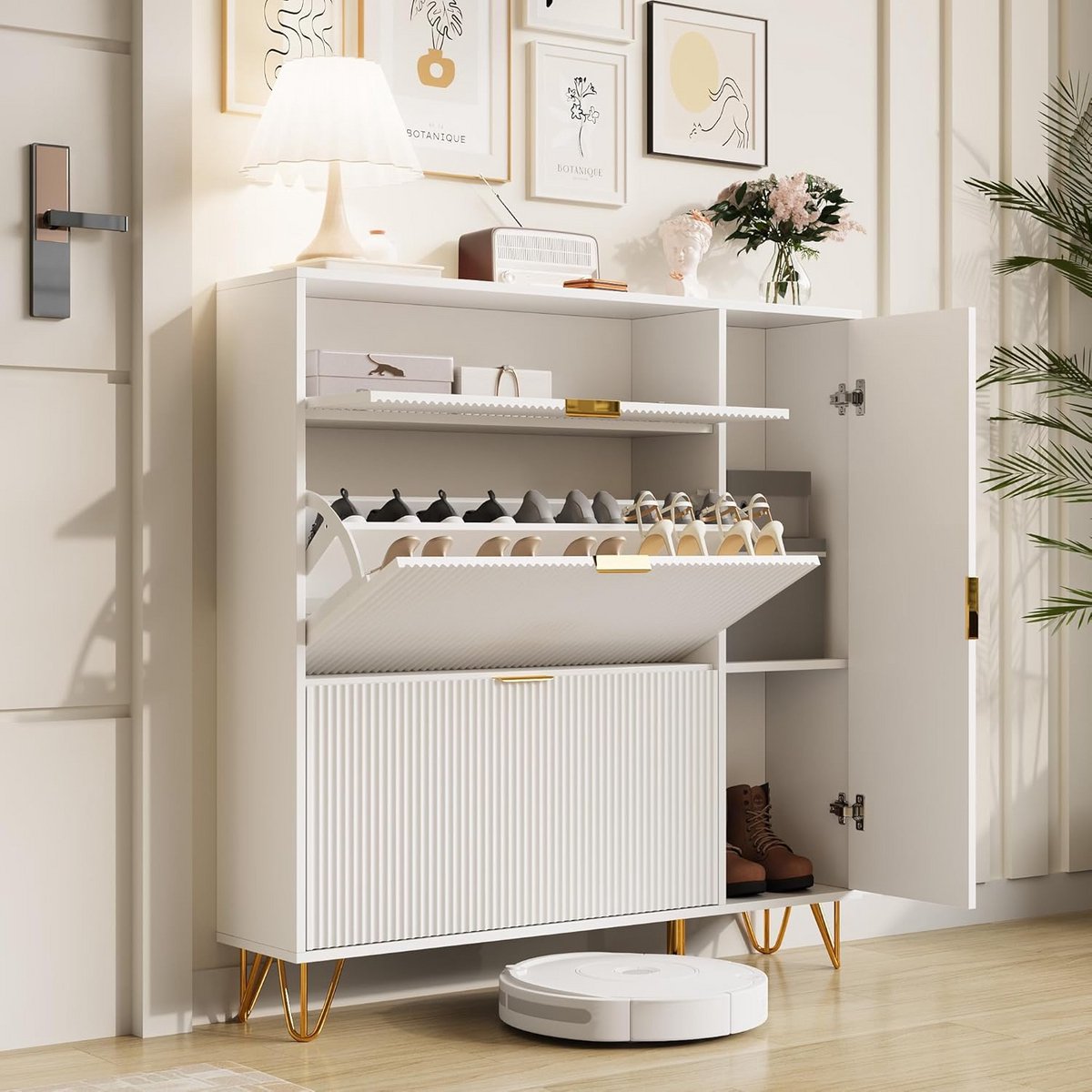 Houten Schoenenkast met 3 Klapdeuren - Smalle Kast voor Hal en Woonkamer - Veel Opbergruimte (9101047926795)