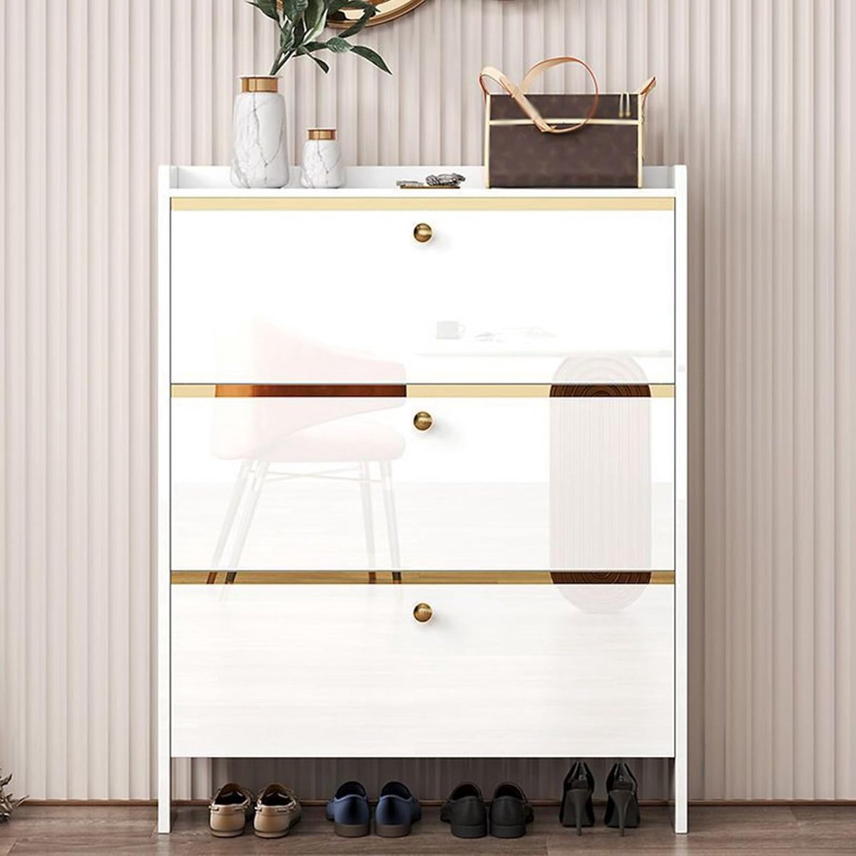 Houten Schoenenkast met 3 Klapladen - Smalle Opbergkast voor Hal of Slaapkamer (9101054766100)