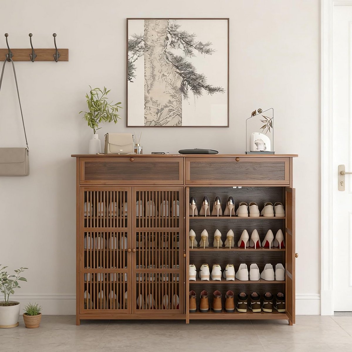 Houten Schoenenkast met Gewatteerde Zitting voor Hal en Woonkamer - Grote Opslag (9101074204484)