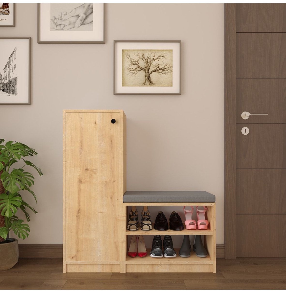 Houtkleur Schoenenkast met Zitkussen - Schoenenbank met Deur en Open Vakken - MDF - Modern Design (6153100306351)