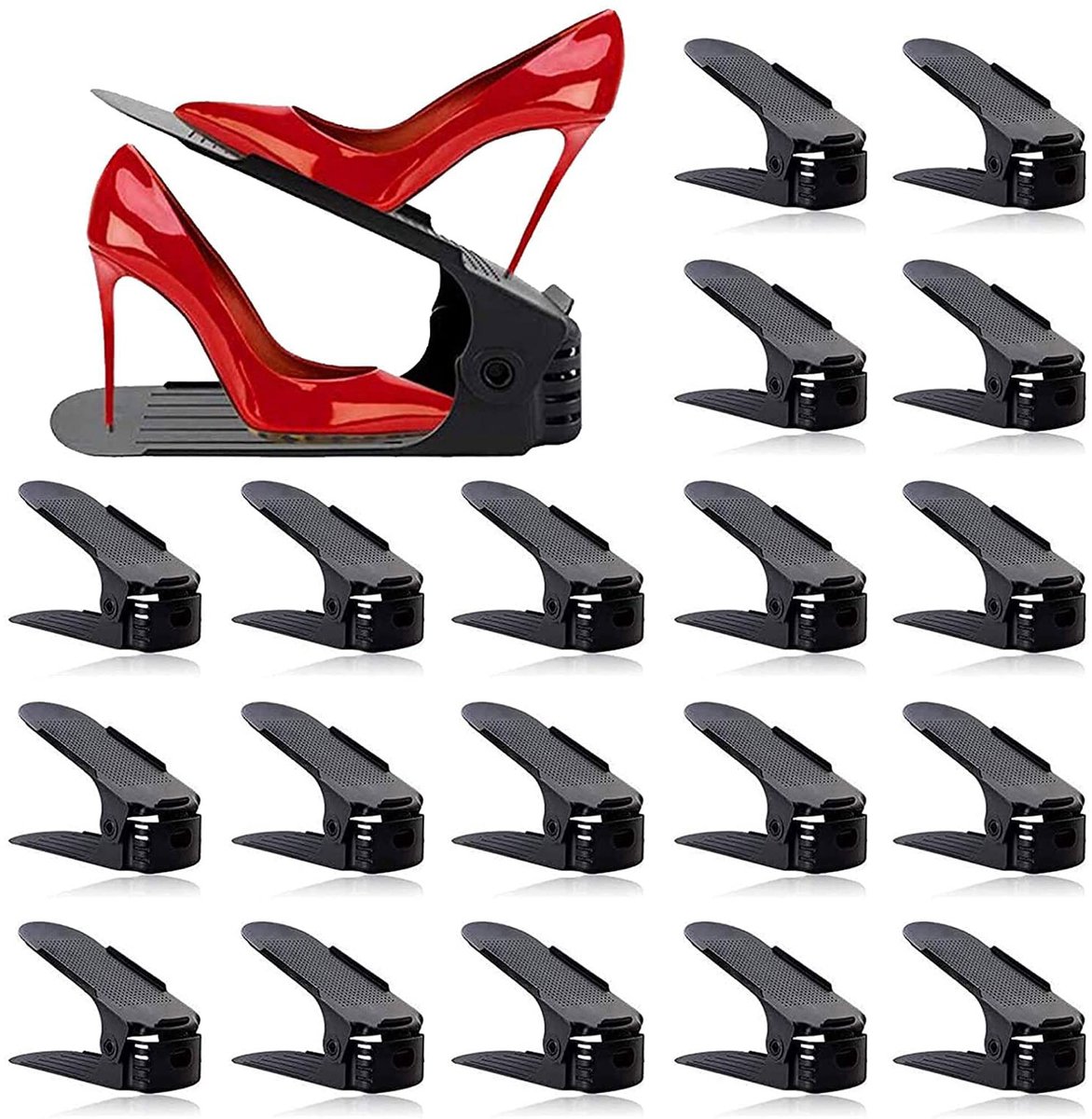 Ibenzoa® Verstelbare schoenenstapelaar, 20 stuks schoenenorganizer, ruimtebesparend, verstelbare PP-schoenenorganizer, antislip schoenenorganizer, dubbellaags schoenenrek, antislip schoensleuvenset (8721358253901)