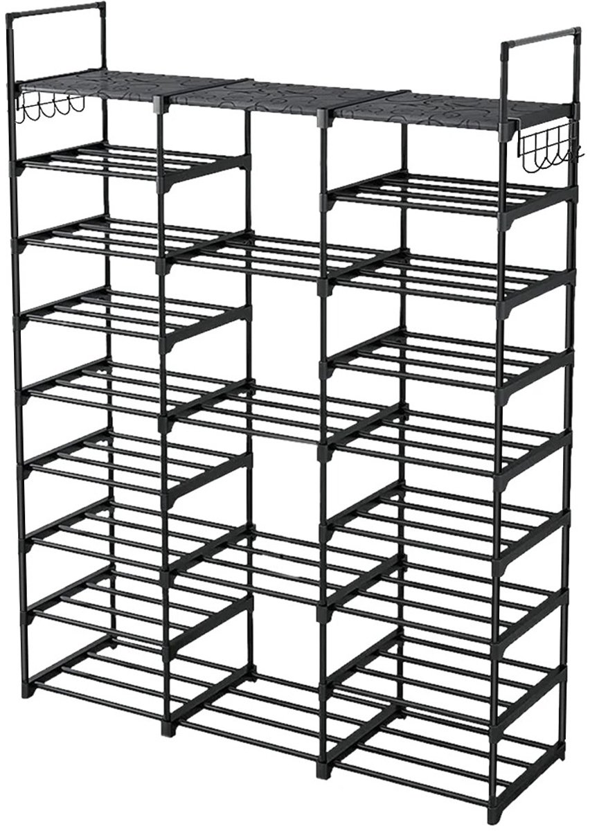 JAQZY Schoenenkast - Schoenenrek - 9 niveaus - Met haken - Opbergsysteem voor schoenen - Praktisch - Ruimtebesparend - Kunststof - Zwart (8721527340210)