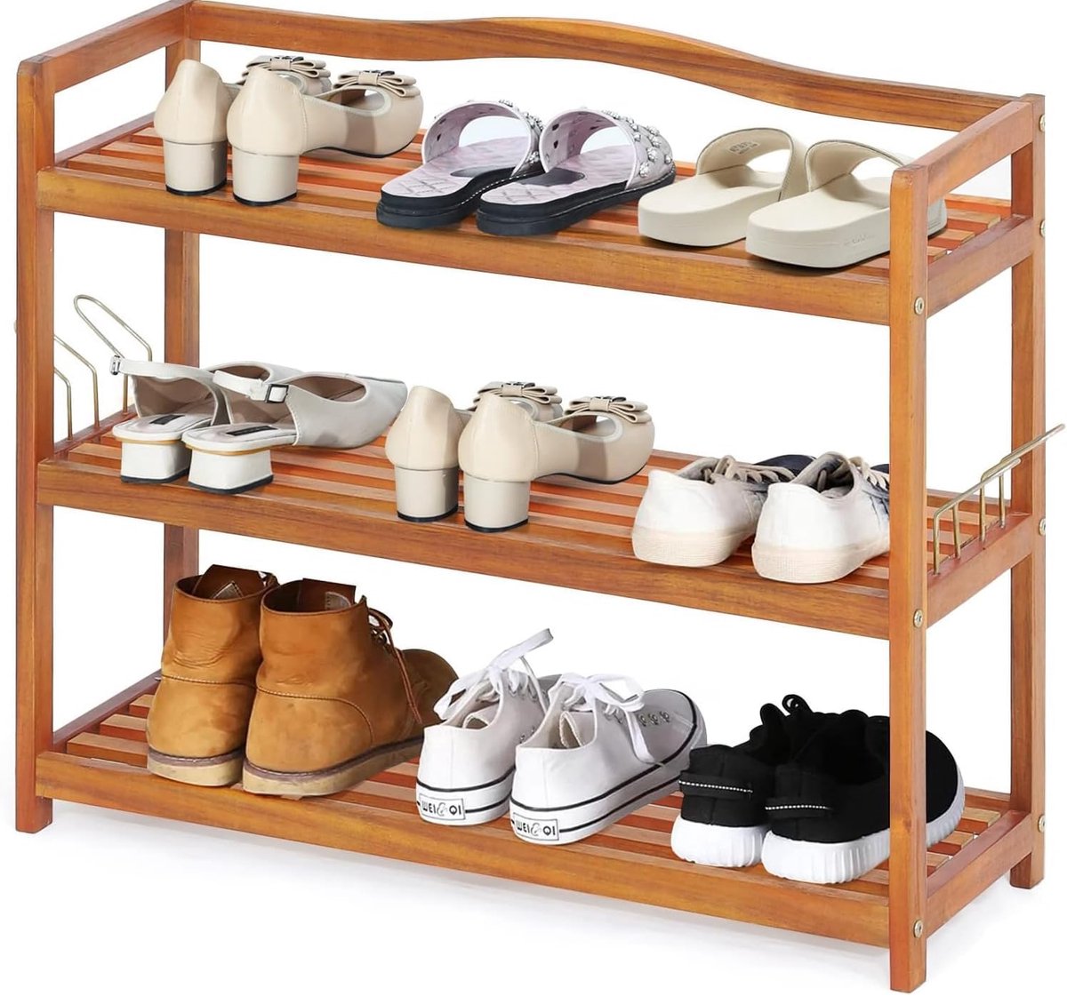 KOMFOTTEU Schoenenrek, hout, schoenenstandaard, ruimtebesparend met 4 metalen zijhaken, schoenenrek met draagvermogen van 20 kg per niveau, schoenenkast hal, woonkamer, slaapkamer (3 niveaus) (0672669276364)
