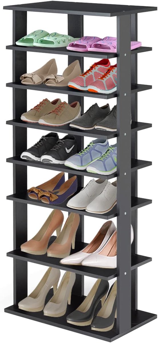 KOMFOTTEU Schoenenrek smal en hoog, schoenenkast rek hout 8 niveaus, schoenenstandaard schoenenrek verticaal, schoenenorganizer ruimtebesparend, houten rek staand rek opbergrek hoekrek (0672669276432)