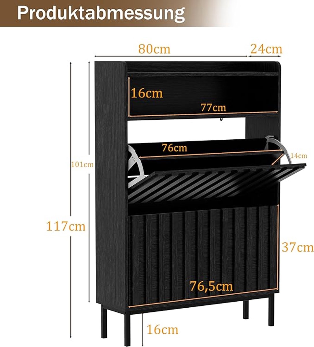 Kantelbare schoenenkast met 3 vakken - 2 schoenenvakken + 1 open plank, verstelbare en afneembare planken, 80x24x117 cm, zwart (5487571670583)