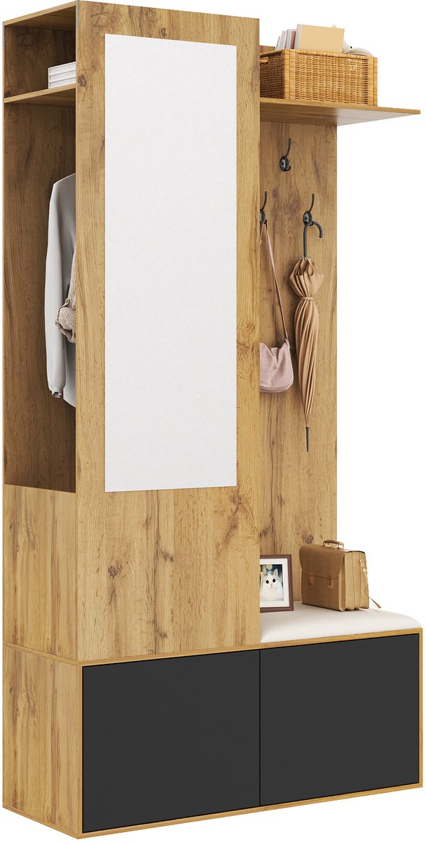 Kapstok - 100x35x190 cm - met Spiegel en 5 Haken - Schoenenkast en Bank - Hout - Naturel (8901660616728)