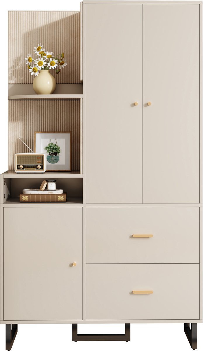 Kapstok - 110x186x38 cm - met Gepolsterde Panelen - Schoenenkast en Spiegel - Hout en Stof - Naturel (8901660616582)