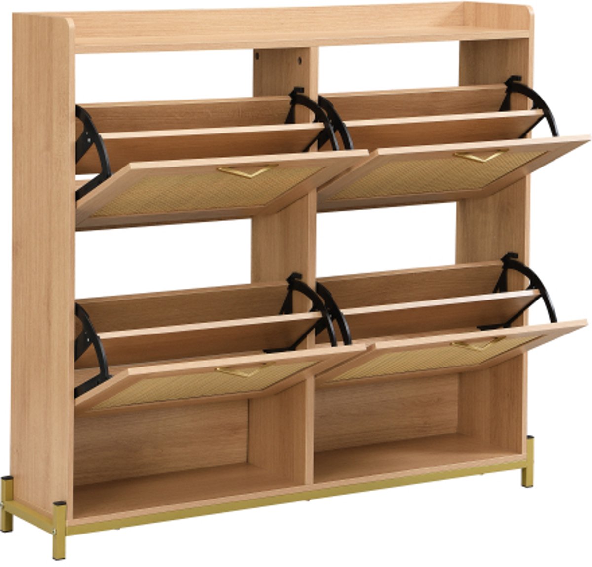 Kast 108,5x24x100 cm Houten Schoenenkast Licht Eikenhout MDF Met Rattan Deuren Vier Deuren Met Metaal Frame Bovenste Plank Voor Hal Woonkamer (4255901421232)