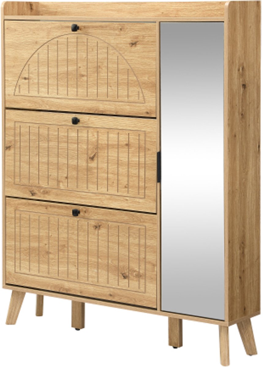 Kast 110x24x137,5 cm Schoenenkast Hout MDF Modern Design Met Spiegel Drie Klapvakken Opbergvak Voor Hal Gang (4255901421256)