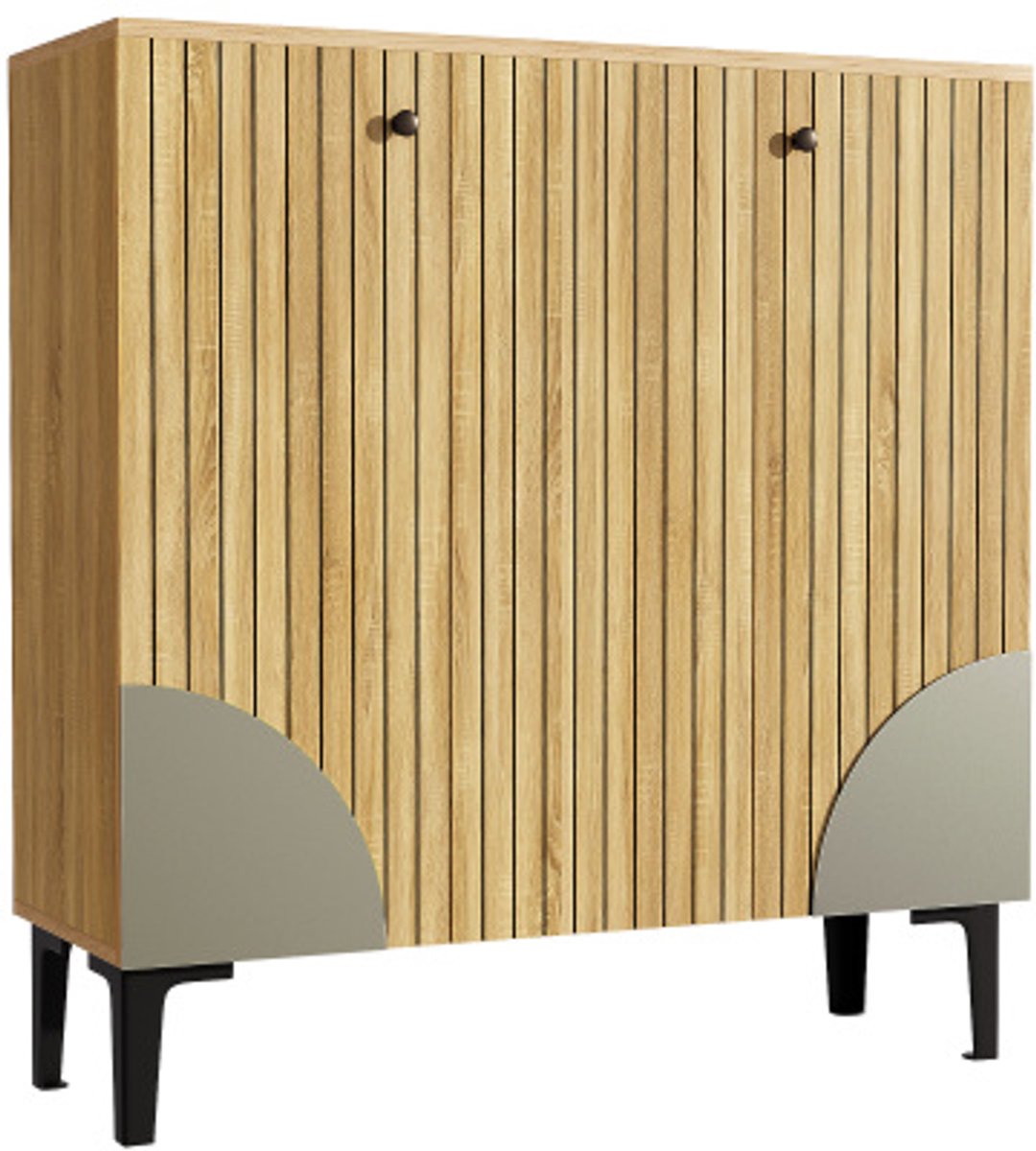 Kast 90x32x94 cm Schoenenkast Hout Spaanplaat Met Drie Deuren Opbergvak Helder Voorhal Zwart Frame Verticale Structuur Grijze Decoratie (4255901421201)