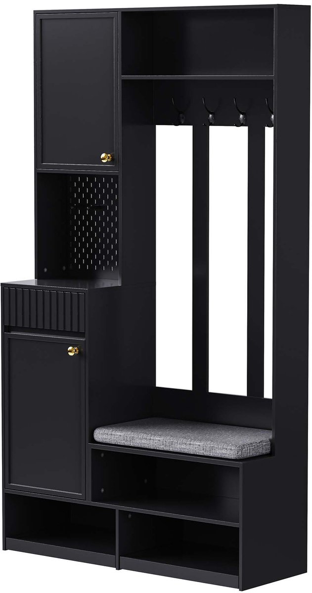 Kastenset Multifunctionele Halopbergkastset Met Schoenbank, 4 Haken, Laden en Opbergkast Modern Minimalistisch Stevig Houten Frame Voor Hal, Gang en Slaapkamer 100×180×35cm Zwart (4255890945955)