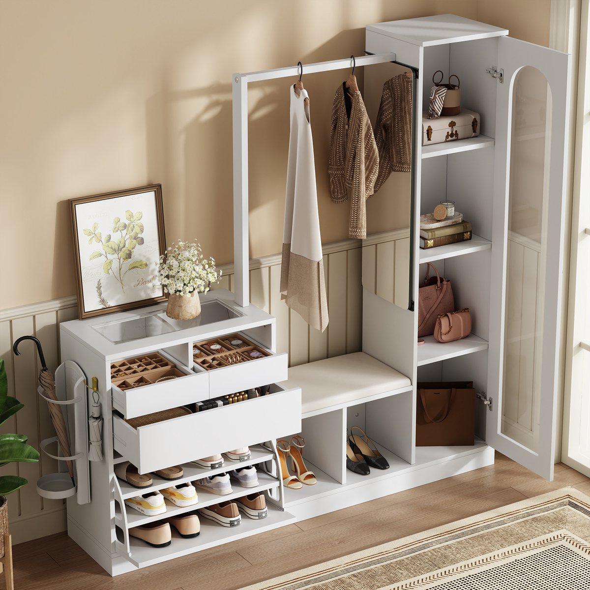 Kleedkamer set - kaptafel met kledinghangers - schoenenbank en inklapbare schoenenkast - glazen vitrinekast - met LED-verlichting (5063371443147)