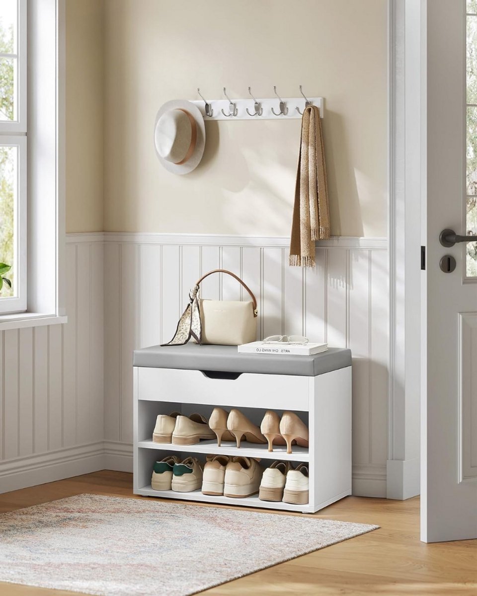 MAZAZU - Schoenenbank - Schoenenrek - met Kussen - Wit - 30x60x44 (8720909810594)
