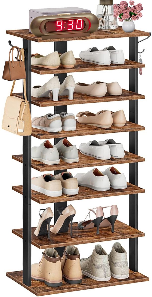 Madrid Schoenenrek - Schoenenkast met 8 lagen - smal schoenenrek van 50 cm - schoenenkast met 2 haken - opbergrek - ruimtebesparend - stevig - voor hal - woonkamer - slaapkamer - Bruin - Zwart (8720849724050)