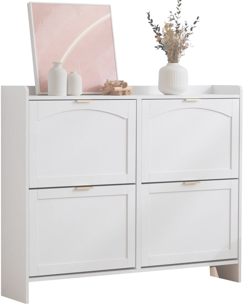 Merax Moderne Schoenenkast met 4 Klapvakken - Smalle Schoenenkast 110×24×90 cm - Schoenenrek met Open Opbergvakken & Decoratief Bovenblad - Wit (8721178478331)