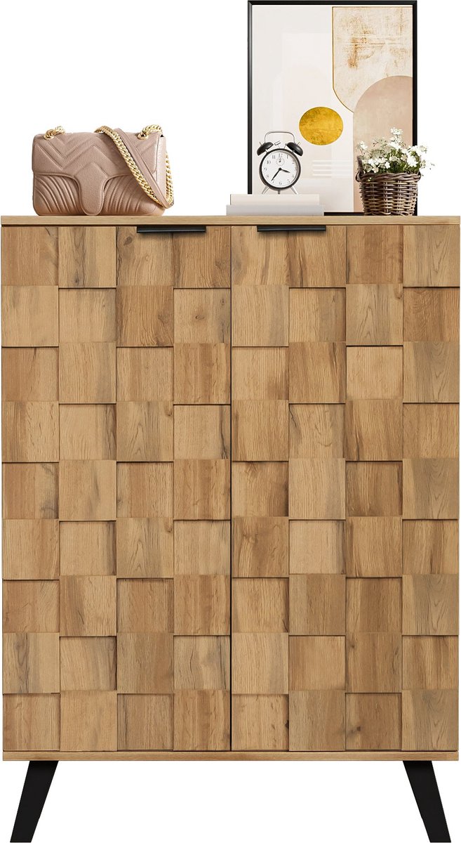 Merax Schoenenkast 80,5x35x109,5 cm - Halmeubel met 2 Deuren - 5 Vakken en Verstelbare Planken - Houtlook Bruin met Zwarte Accenten - Soft-Close Scharnieren (8721178454298)