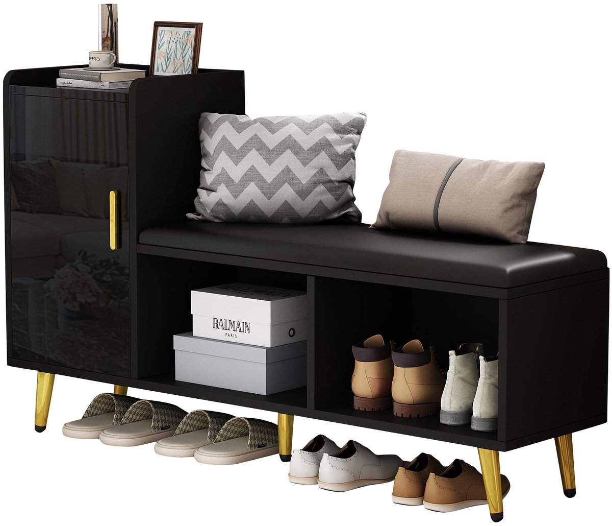 Merax Schoenenkast Zwart Hoogglans met Gouden Accenten en Zitvlak - 120x35x71.5 cm - Schoenenrek met Verstelbare Planken (8721178470328)