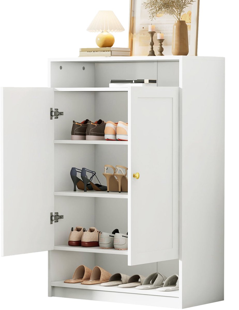 Merax Witte Schoenenkast Met Deuren Moderne Opbergkast Met Verstelbare Planken En Gouden Handgrepen 73x34x109 cm (8721178464778)