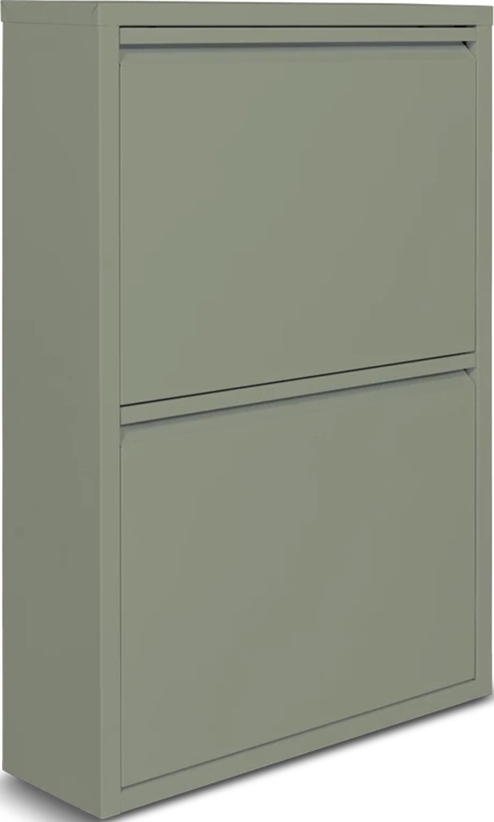 Metalen Schoenenkast 2-Deurs Mat Olijf-Groen - Smalle Schoenenkast 50 x 15 x 71 cm - Ruimtebesparend Schoenenrek & Opbergsysteem - Moderne Hal Schoenenopberger - Olijf Groen (8720587218118)