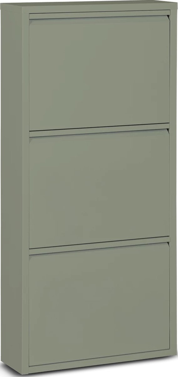Metalen Schoenenkast 3-Deurs Mat Olijf-Groen - Smalle Ruimtebesparende Schoenenkast 50 x 15 x 103,5 cm - Metaal Schoenenrek & Wandmontage Opbergsysteem - Moderne Schoenenopberger voor Hal, Gang & Slaapkamer - Olijf Groen (8720587218125)