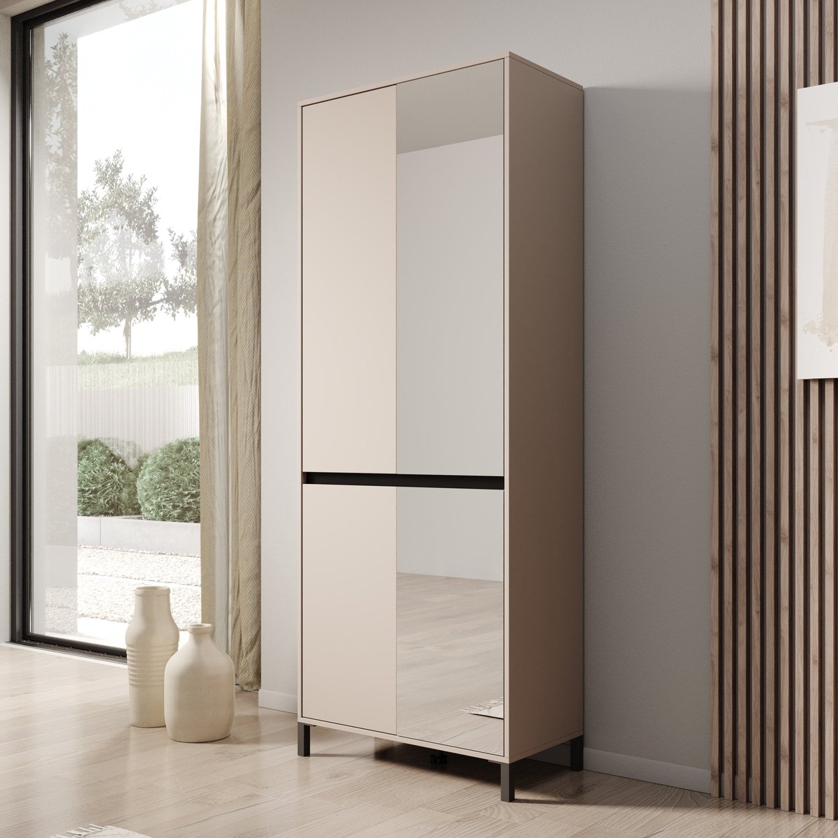 Meubella - Finta - Schoenenkast met spiegel - Beige - 80x40x206 cm (8721527490267)