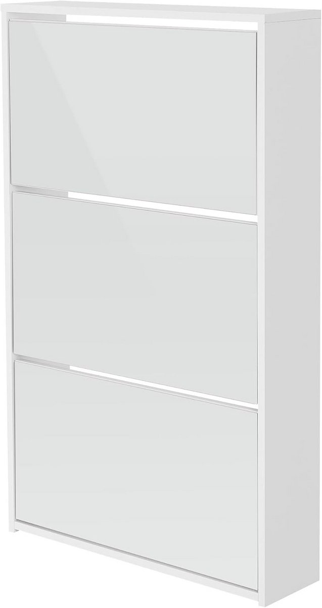 Moderne schoenenkast met spiegel en 3 vakken voor 9 paar schoenen - Wit 63x17x113 cm (9101067006569)