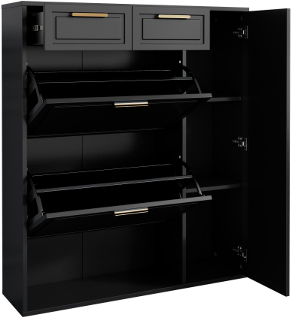 Moderne schoenenkast, met verstelbare planken, gouden handgrepen, laden, opvouwbare schoenenkast en deuren, zwart, B95/D24/H107 (4255839466022)