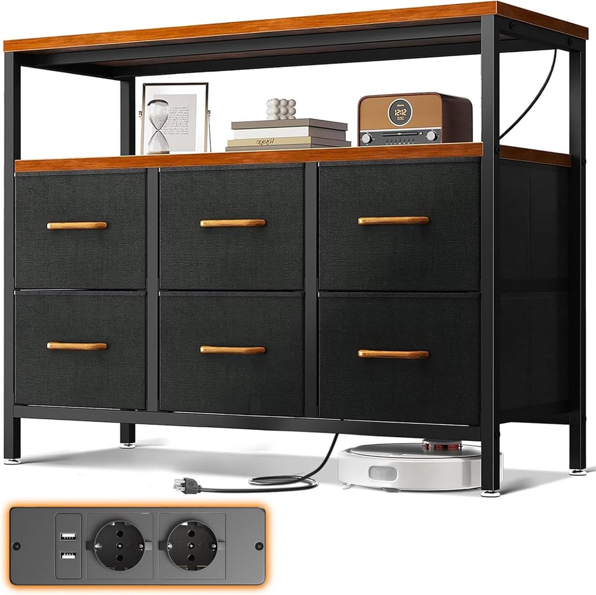 Multifunctionele Ladekast met Stopcontacten en USB-poorten - Vintage Opbergmeubel voor Slaapkamer en Woonkamer (6154445749711)