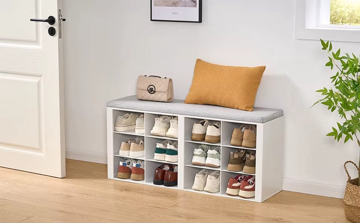 Naiz - Schoenenbank - Met kussen - Wit - 12 vakken - Verstelbare planken - 30 x 103 x 52,7 cm (DxBxH) (6152813013013)