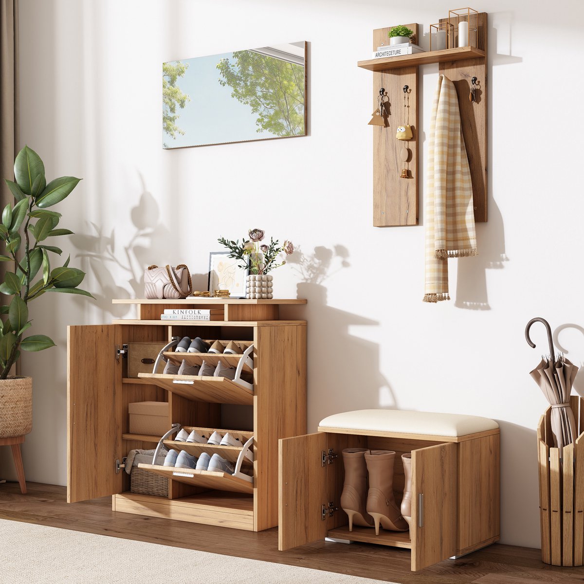 OKWISH Garderobeset Voor Hal Met Schoenenkast En Zitbank Met Spiegel En 4 Haken 140×35×133 cm Spaanplaat Naturel (4070861605313)