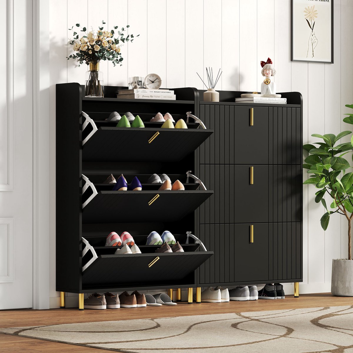 OKWISH Schoenenkast - 3 Kleppen En 6 Vakken - Voor Hal En Entree - Mat Zwart Met Goudkleurig Metaal - 80×23×123,5 Cm (4070861649331)