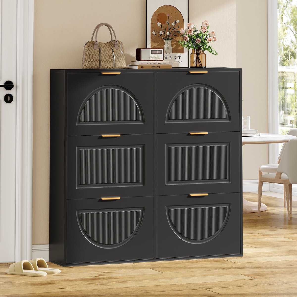 OKWISH Schoenenkast - 6 Kleppen En Open Vakken - Smal Voor Hal En Entree - MDF Zwart - 118×25×115 Cm Met Kantelbeveiliging (4070861641441)