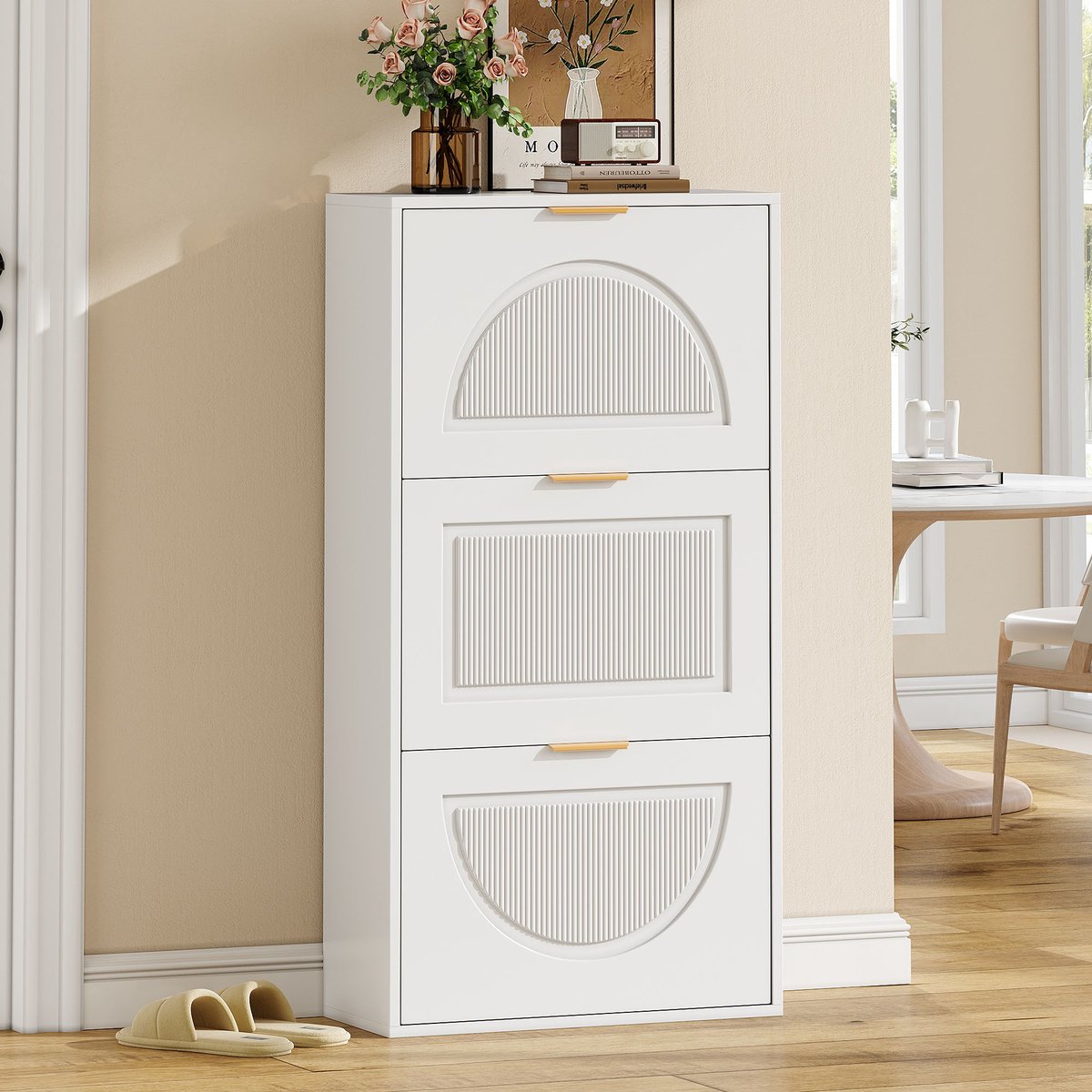 OKWISH Schoenenkast Met 3 Kleppen - Smal Schoenenrek Voor Hal En Woonkamer - MDF Spaanplaat Wit - 60x24x114 Cm (4070861624659)