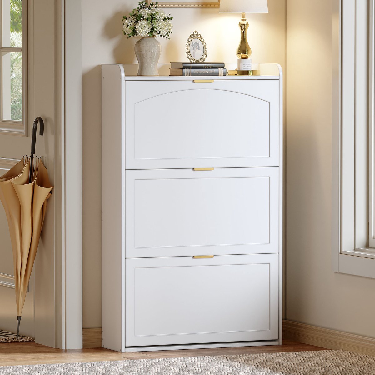 OKWISH Schoenenkast Met 3 Kleppen - Smal Voor Hal En Woonkamer - Spaanplaat Wit - 76×23×118 Cm (4070861589293)