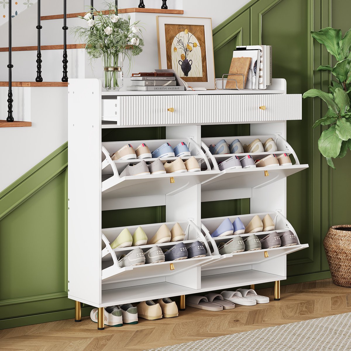 OKWISH Schoenenkast Met 4 Klapdeuren En 2 Lades Voor Hal En Slaapkamer In Wit Van MDF En Spaanplaat 106,5×25×105,5 cm (4070861647634)