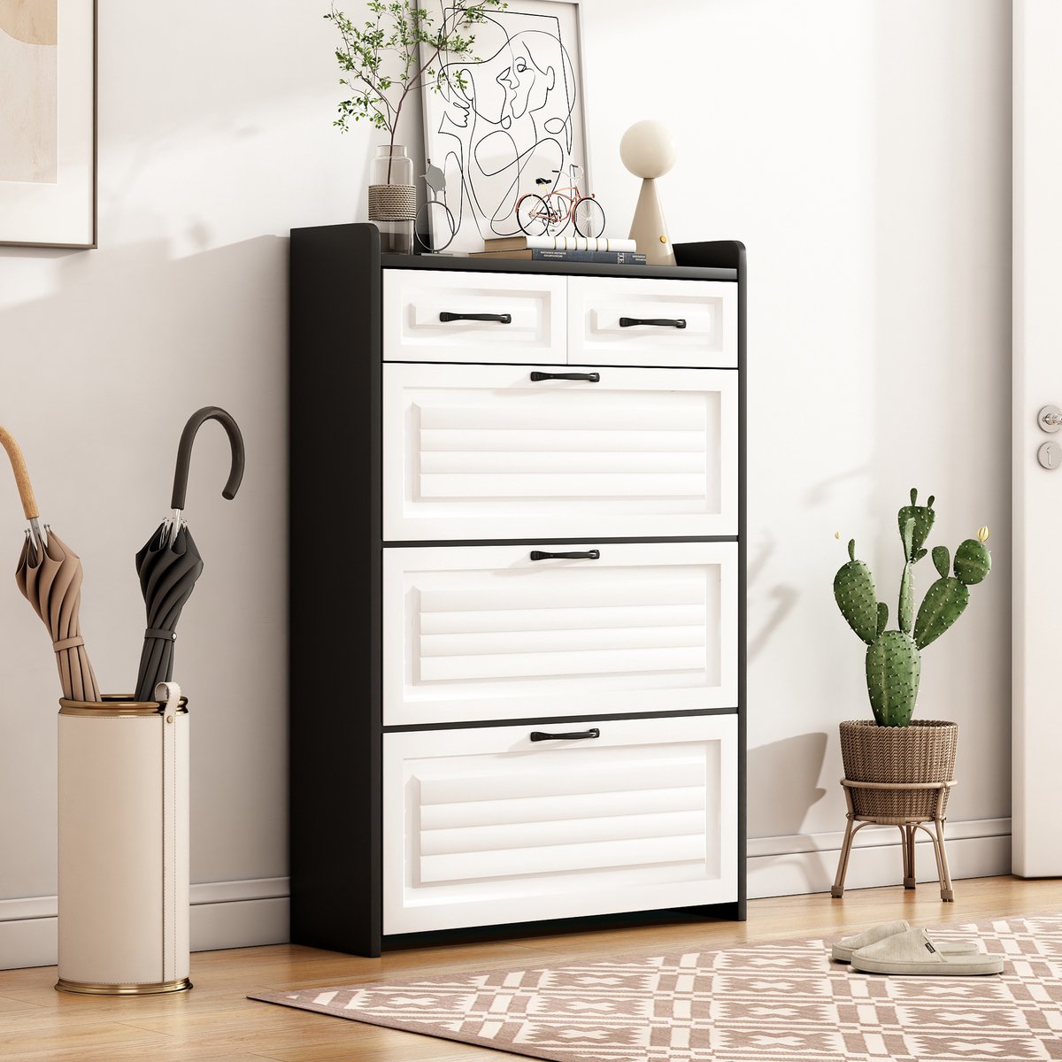 OKWISH Schoenenkast Met Draaibare Kleppen En Lades - Hal En Woonkamer - Spaanplaat Wit Zwart - 80×23,5×131 Cm (4070861567338)