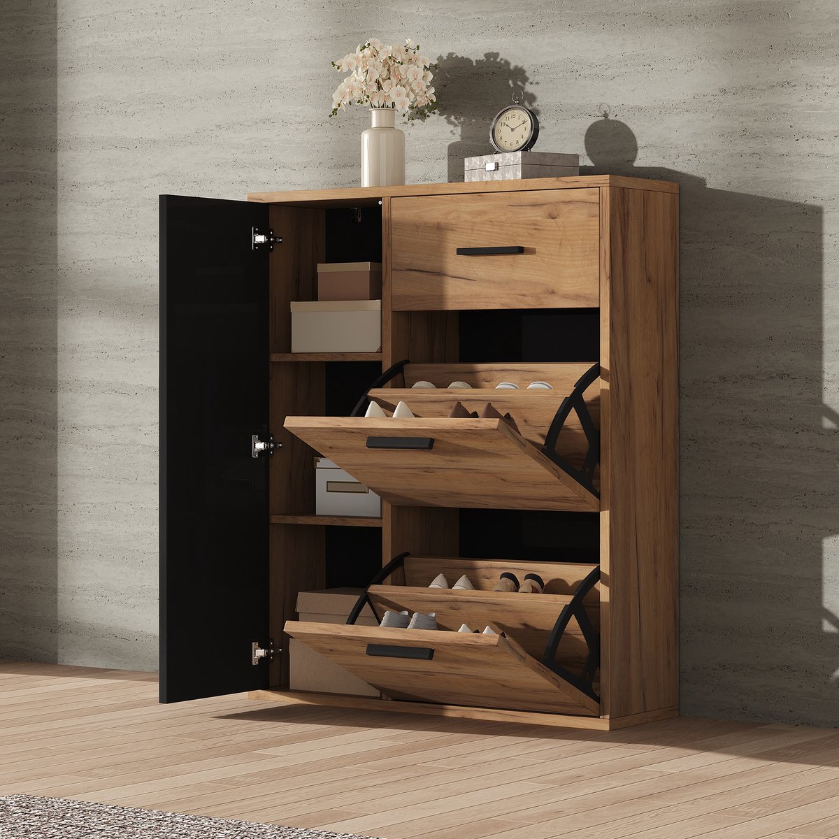 OKWISH Schoenenkast - Met Lade En 3 Deuren - 2 Kantelvakken En Verstelbare Planken - Hal Entree - Spaanplaat Naturel Zwart - 80×24×95,5 Cm (4070861562265)