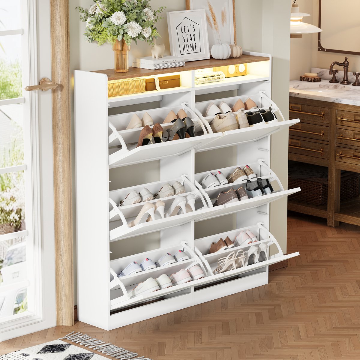 OKWISH Schoenenkast Met Ledverlichting - 120×24×130 Cm - 6 Klepdeuren En 2 Open Vakken - Hal En Gang - MDF Wit Naturel (4070861635433)