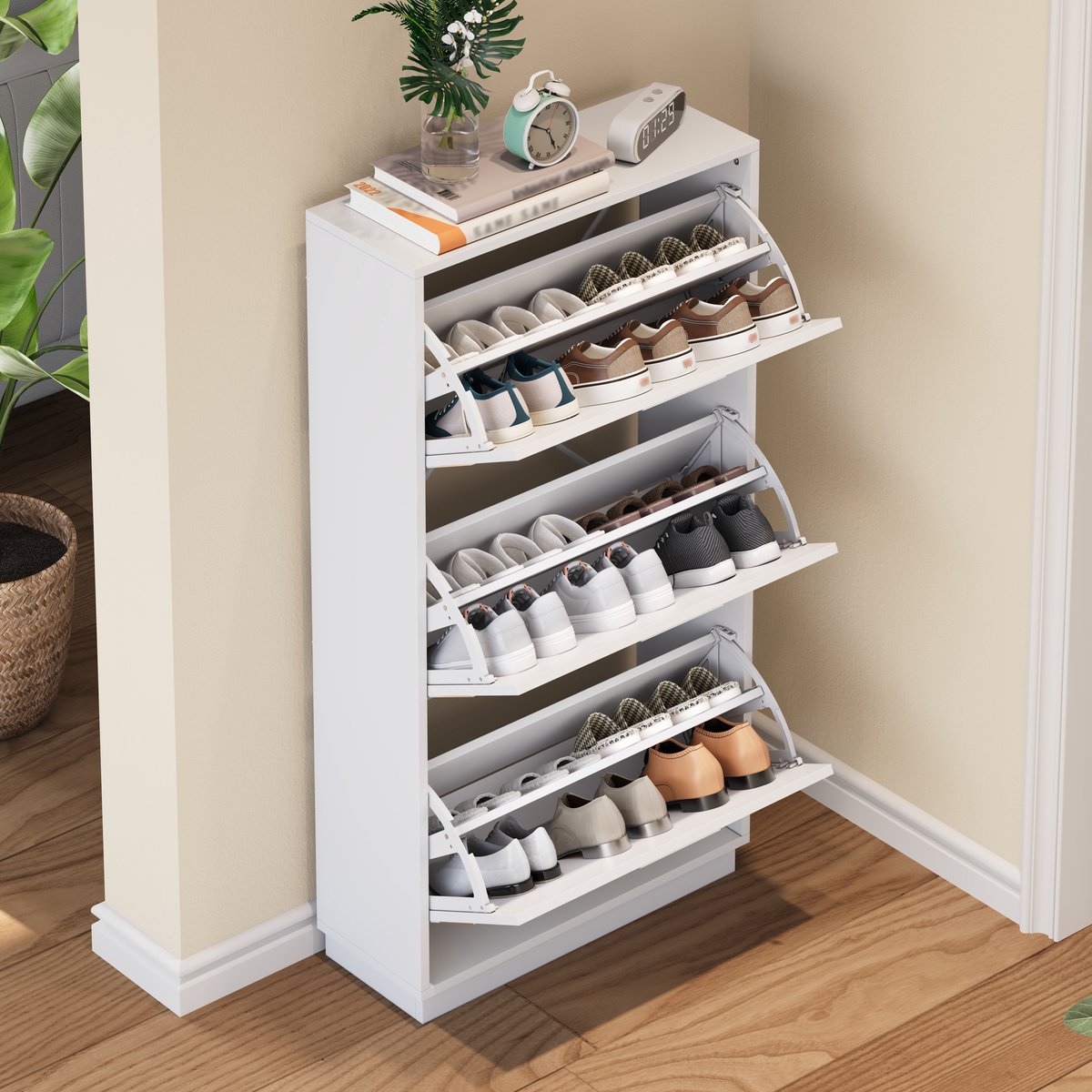 OKWISH Schoenenkast Met Spiegel - 63×24×120 Cm - 3 Kleppen - Smal Model Voor Hal En Balkon - MDF Wit (4070861653024)